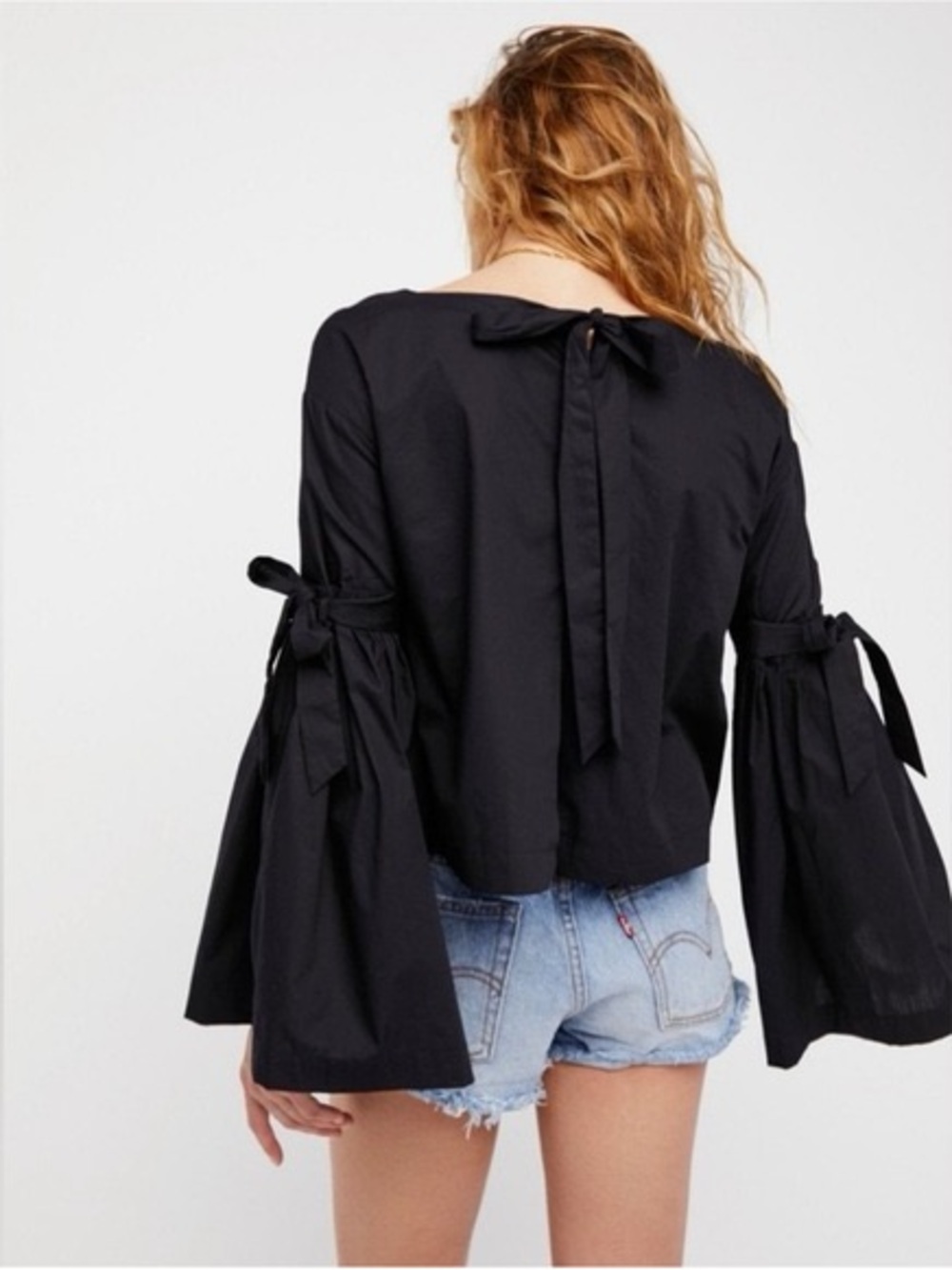 Free People So Obviously Yours Black Tie-Back Bell-Sleeve Blouse